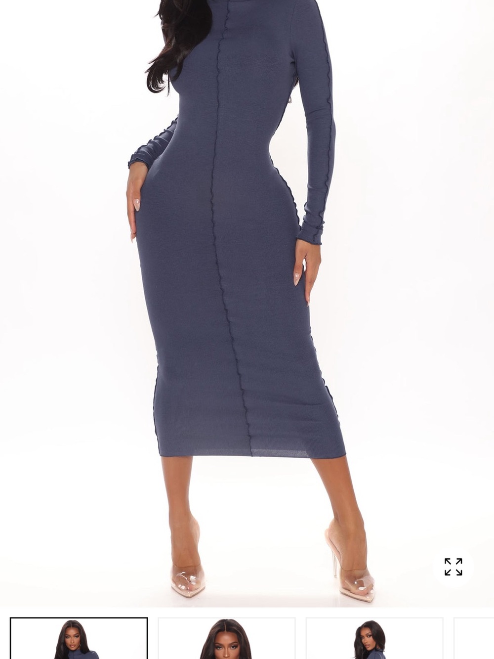 FashionNova Stay Edgy Long Sleeve Navy Bodycon Ribbed Midi Dress